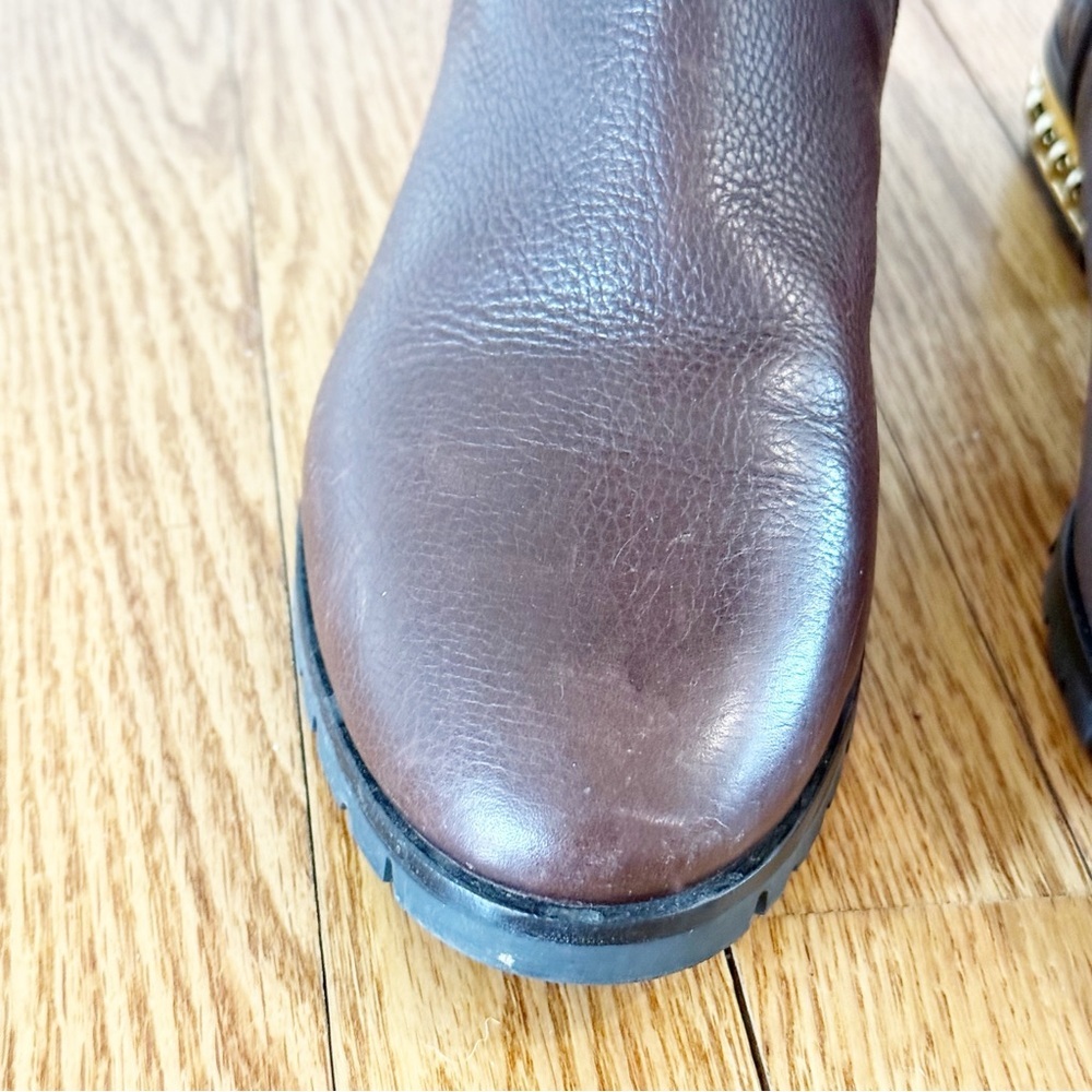 KARL LAGERFELD Seine Metal Pearl Embellished Knee-High Leather Boots Brown 8 - Picture 11 of 14
